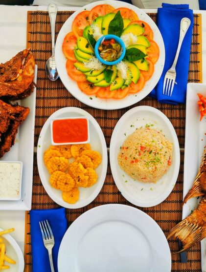 grilled fishes and fried rice